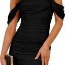 PRETTYGARDEN Cocktail Dresses 2026 Summer Off Shoulder Sexy Bodycon Ruched Mesh Graduation Wedding Guest Mini Short Dress (Small, Black)