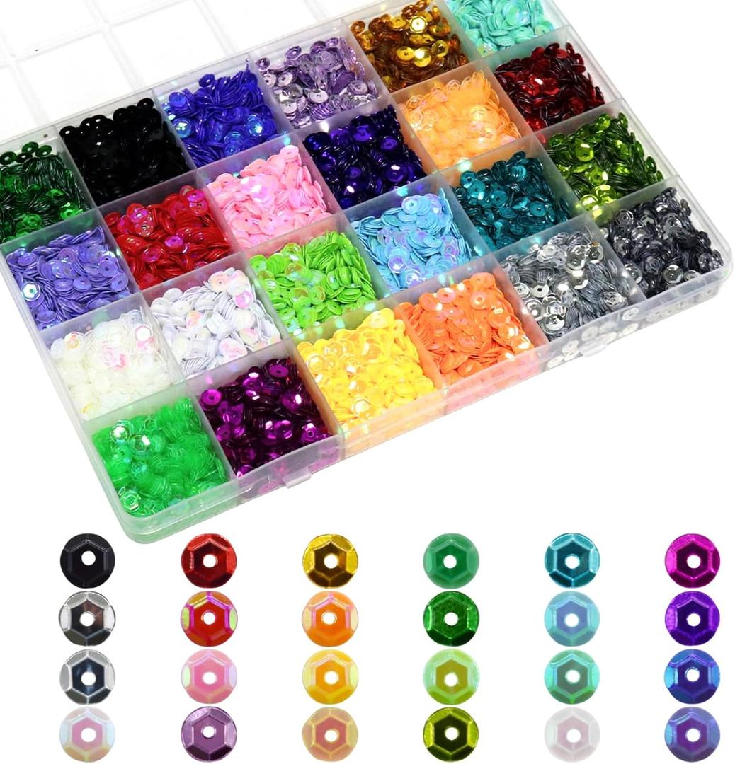 24 Colors Loose Cup Sequins, 6mm Bulk Rainbow Round Sequin Iridescent Embroidery Sequins for DIY Craft Sewing Nail Festival Costume Decoration, 21600pcs