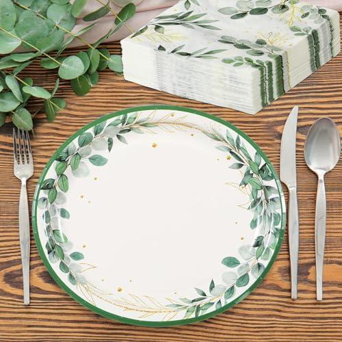 Yiyiring 150 Pcs Party Supplies, 50pcs Plates 11inch and 100pcs Paper Napkins 13 inches for Party(Eucalyptus)