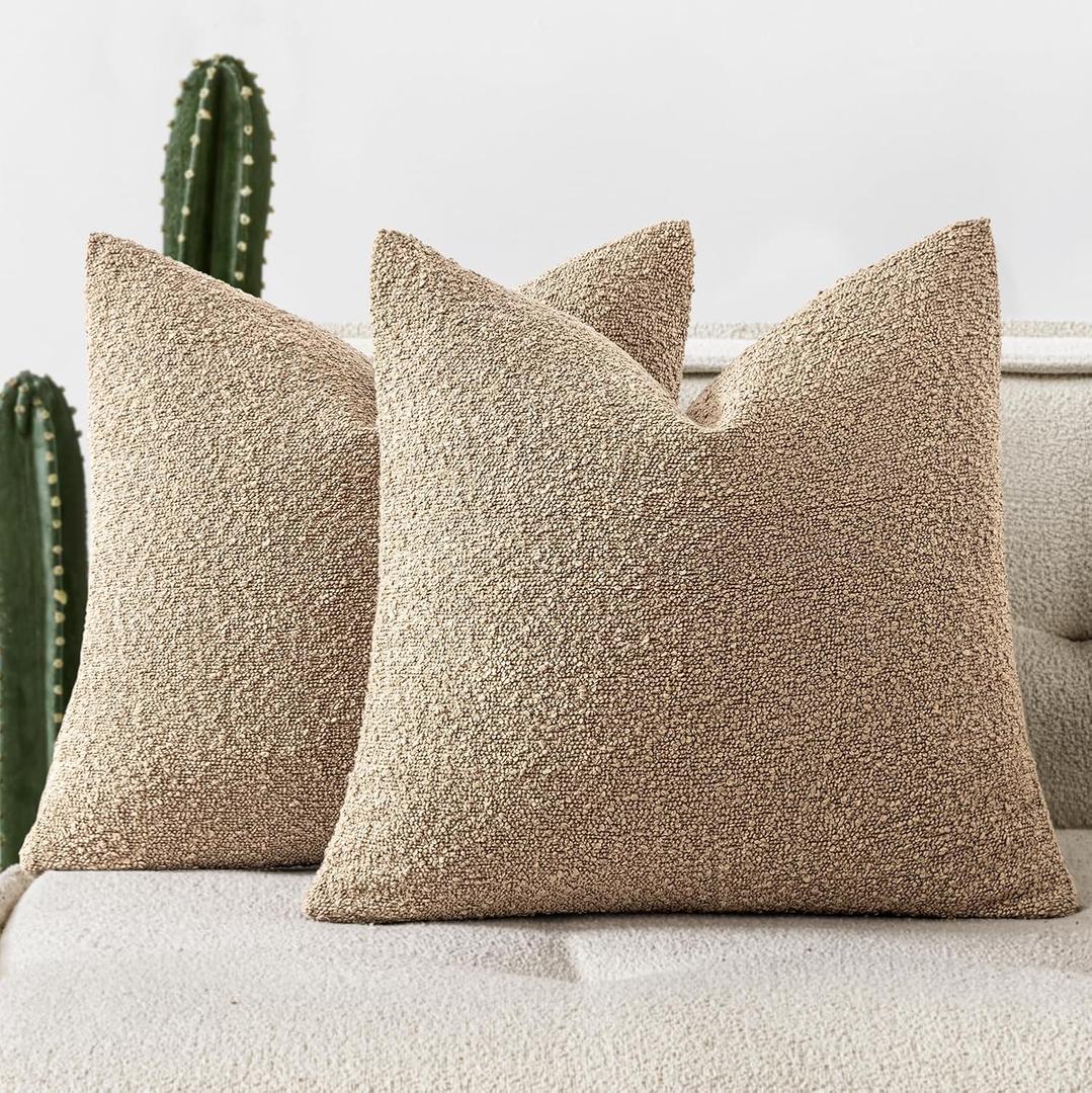 Woaboy Pack of 2 20x20 Inch Decorative Boucle Throw Pillow Covers Textured Square Pillowcaes Accent Solid Cozy Soft Cushion Covers Home Decor for Sofa Couch Living Room Home Decor,Khaki