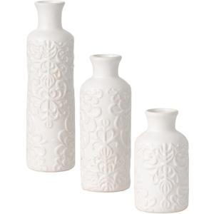 Sullivans Small White Embossed Ceramic Vase Set of 3, Matte Finish, Vases for Decor Modern Home Centerpieces, Mantle Tabletop for Living Room, Bedroom, Kitchen, Entryway Decor