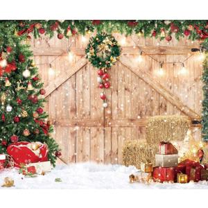 Christmas Backdrop 10x8ft Soft Fabric Rustic Barn Wood Door Backdrop for Photography Xmas Tree Snow Wall Floor Party Photo Background Family Banner Decorations Studio Prop Pictures (10ft by 8ft)