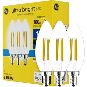 GE Ultra Bright LED Light Bulbs, 100W, Daylight Candle Lights, Clear Decorative B12 Light Bulbs (3 Pack)