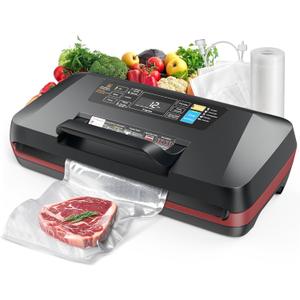 95KPa Vacuum Sealer Machine for Food, Automatic with Dual 12mm Heat Seal, 10-in-1 Modes, Built-in Cutter & Bag Storage, Includes 1 Roll and 10 Pre-Cut Bags (Red)