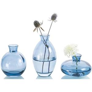 MOLIMAO Bud Vase 3Pcs/Set Mini Vase Small Glass Vase for Desktop Centerpieces Decor,Handmade Vase for Flowers(Blue)
