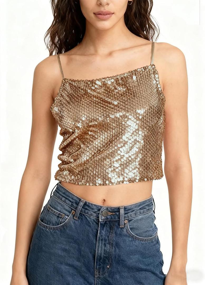 Sequin Cami Top Square Neck Sparkly Tank Top Sleeveless Party Camisole Shirts (XL)