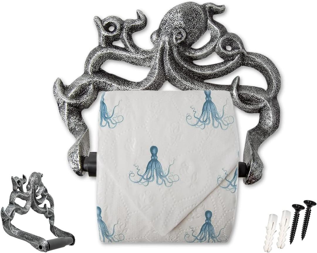 Decorative Cast Iron Octopus Toilet Paper Holder  Wall Mounted Nautical Bathroom Accessory  Kraken Design with Screws and Anchors  Silver & Black