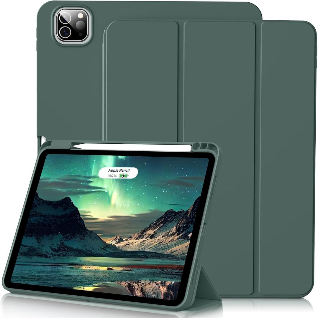 Case for iPad Pro 12.9 Inch Case 6th/5th/4th/3rd Generation with Pencil Holder, Smart Stand Cover with Soft TPU Back for iPad 12.9 Pro Case (2022/2021/2020/2018), Auto Sleep/Wake, Dark Green