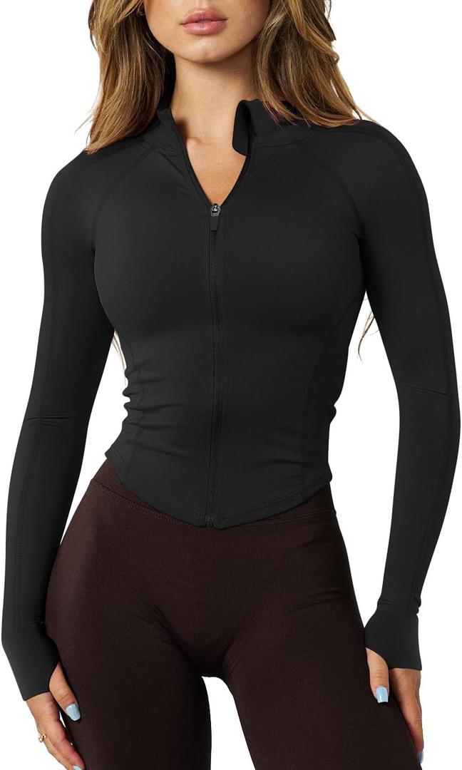 GYM RAINBOW Womens Snatched Workout Jackets Lightweight Zip Up Slim Fit Gym Track Athletic Jackets with Thumb Holes (Small, #1 Black)