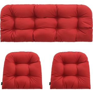 Outdoor/Indoor All Weather Tufted Wicker Chair Cushions of 3 Pieces, 1 Loveseat and 2 U-Shape Waterproof Cushions for Patio Furniture,Wicker Loveseat,Bench-Red