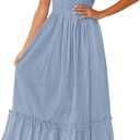 ZESICA Women's 2025 Summer Boho Spaghetti Strap Square Neck Solid Color Ruffle A Line Beach Long Maxi Dress (Blue) Small