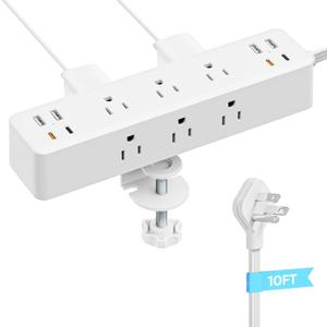 17-in-1 Desk Clamp Power Strip with 40W Fast Charging Station, ACOZVIN 10ft Flat Plug Surge Protector, 9 AC Outlets 8 USB Ports(4 USB C), Desk Outlet for Home Office, Fit 1.7" Tabletop Edge, White