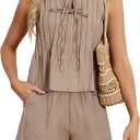 Blooming Jelly Womens Two Piece Sets Pleated Vacation Outfits Resort Wear Beach Linen Set Cruise Summer Matching Set 2025 (Small, Khaki)