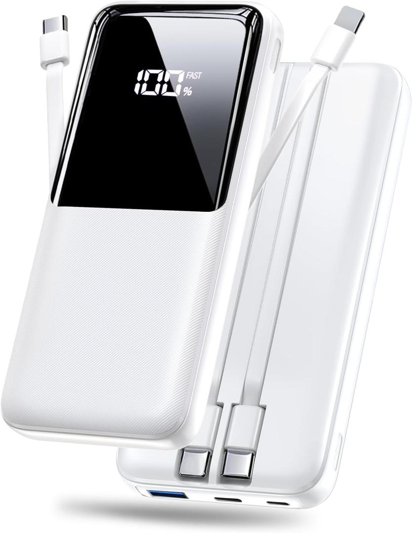 Portable Charger Power Bank - 20000mAh Fast Charging Portable Battery Pack with Built in USB-C(22.5W) and iOS(20W) Output Cables Compatible with iPhone Android Samsung Phone etc (1 Pack, White)