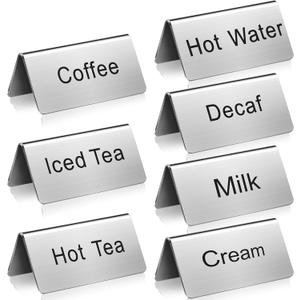 Hicarer 7 Pcs Stainless Steel Coffee Tent Signs Table Coffee and Tea Sign Table Beverage Display Signs for Party Buffet Restaurant Banquet Wedding Indoor Outdoor, 2.99'' x 1.5''