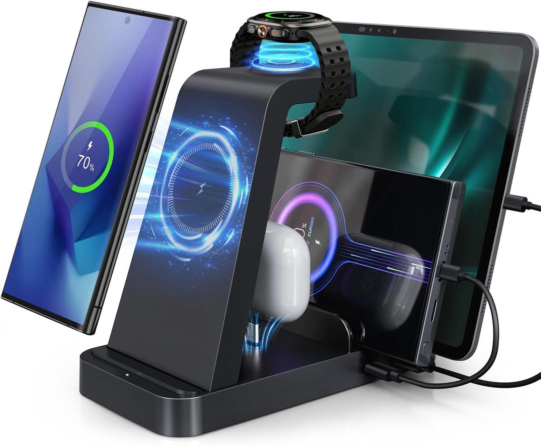 5 in 1 Wireless Charger for Samsung, Wireless Charging Station for Multiple Devices, Fast Charger Stand for Samsung Galaxy S25 Ultra S24 S23 S22 S20 Note 20 10 Z Fold 6 Galaxy Watch 7 6 5 Buds,Black