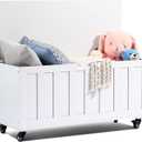 HYZ Storage Chest, 39.4'' Wooden Storage Bench with 4 Wheels & 2 Safety Hinges, Retro Toy Box Support 300 lbs for Bedroom, Living Room, Easy Assembly, White