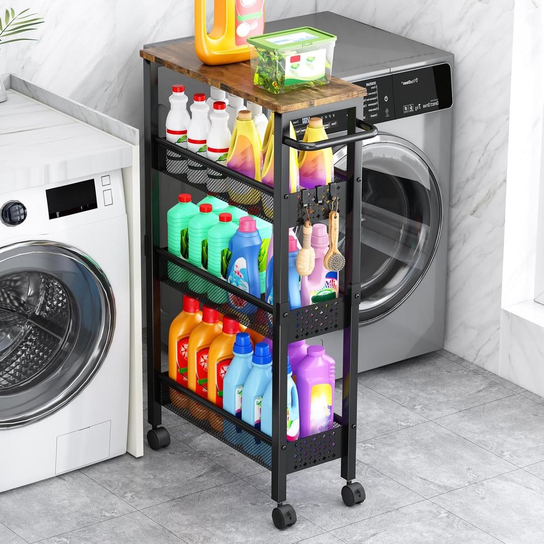 Vivihomety 4-Tier Slim Utility Rolling Laundry Cart with Wheels, Metal (Black, 7.1 inch Wide)