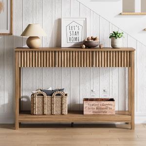 Treocho 47" Console Table with Drawers, Fluted Narrow Entryway Table with Open Shelf, Farmhouse Sofa Table Behind Couch for Hallway, Living Room, Brown