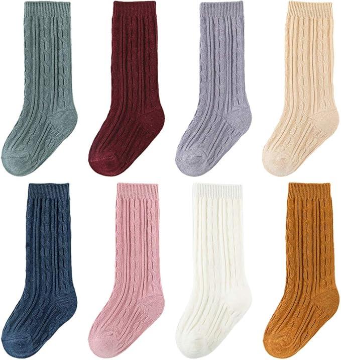 Zumou Knee High Socks 8 Pairs Girls Cable Knit Cotton Stockings Assorted Pack, One Size 