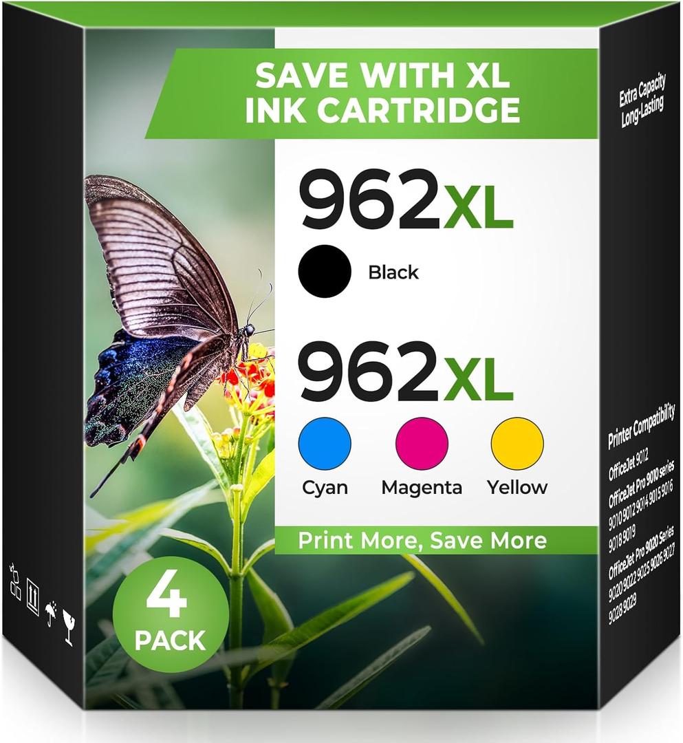 962XL Ink Cartridges for Office Jet Pro 9010 9020 9015 9018 9025 Compatible for HP 962XL Ink Cartridges Combo Pack 962 Ink Replacement for Office Jet Pro 9015 9010 9020 9018 9025 9012 Printer (4-Pack)