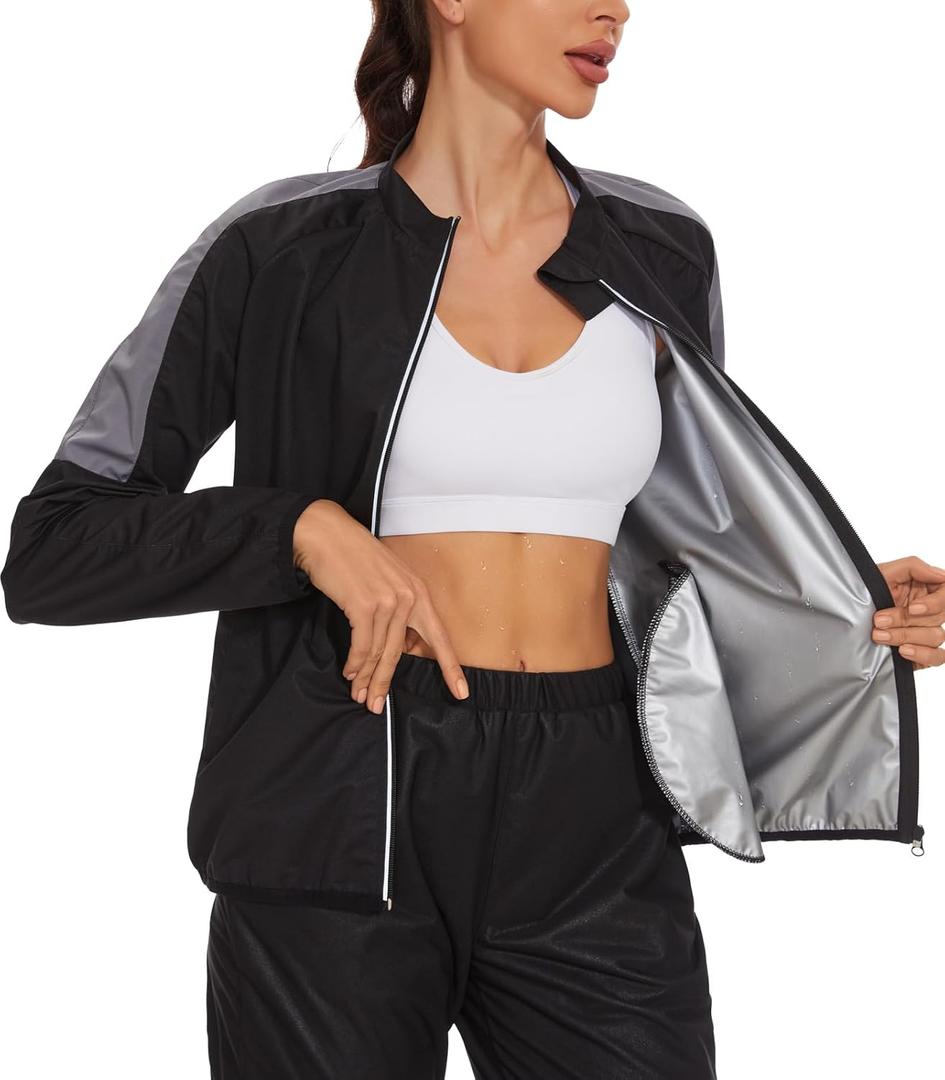 LAZAWG Women Sauna Suit Sweat Shirt Long Sleeve Sweat Jackets for Fitness Gym Running Exercise Slimming (Small, Zip Black)