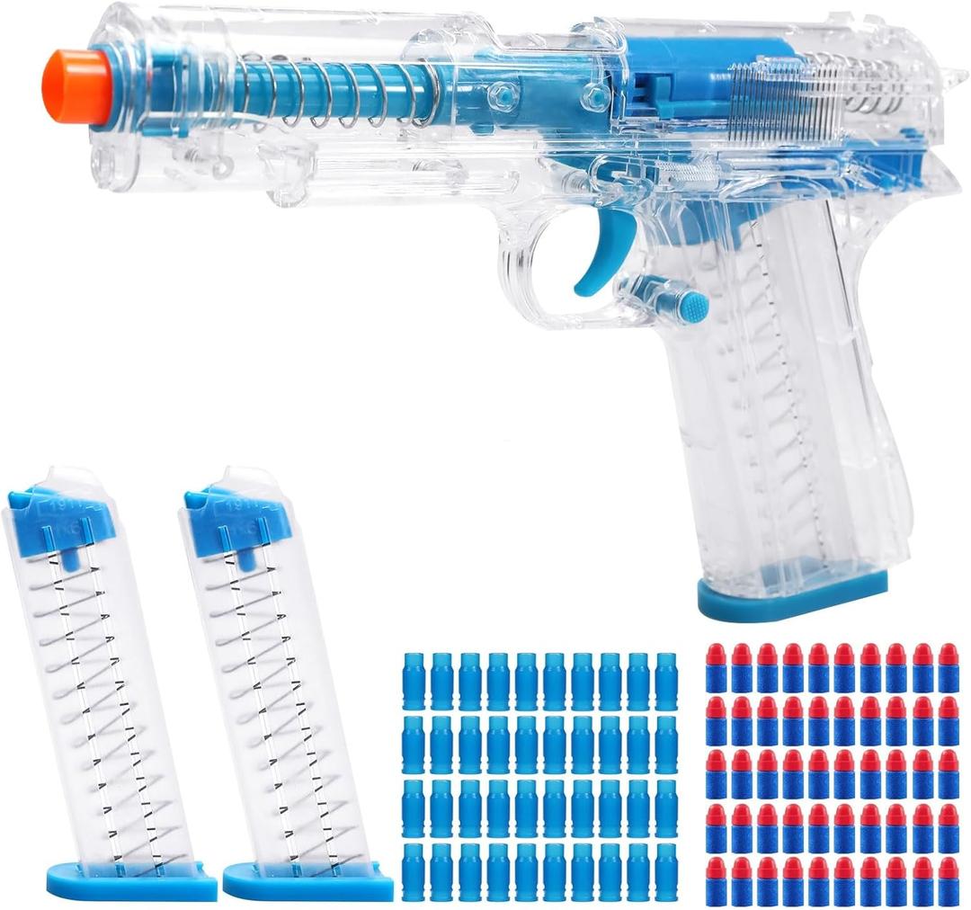 Soft Bullet Toy Gun Shell Ejecting, Realistic Toy Pistol with 50 Foam Bullets, 40 Shells & 2 Clips, Ideal Christmas Birthday Gift(Blue)