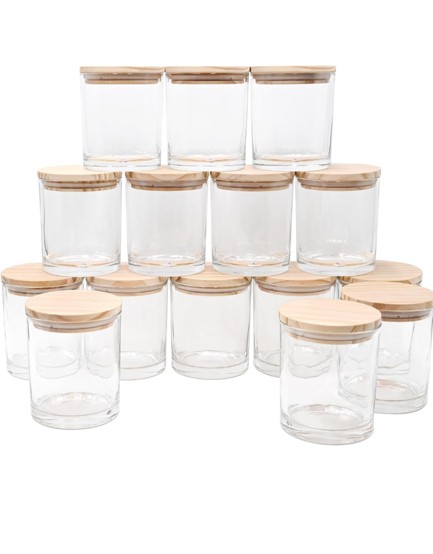 10 OZ Thick Candle Jars for Making Candles 15 Pcs, Empty Jars with Wood Lids for Candle Making, Sample Container, Clear