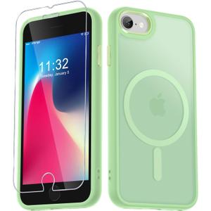 for iPhone SE Case 2022(3rd)/2020(2nd), iPhone 8/7 Case, with 1 Screen Protector, Matte Magnetic Slim Phone Cover, Support for Magsafe, Shockproof Protection Translucent Frosted Back,Mint Green