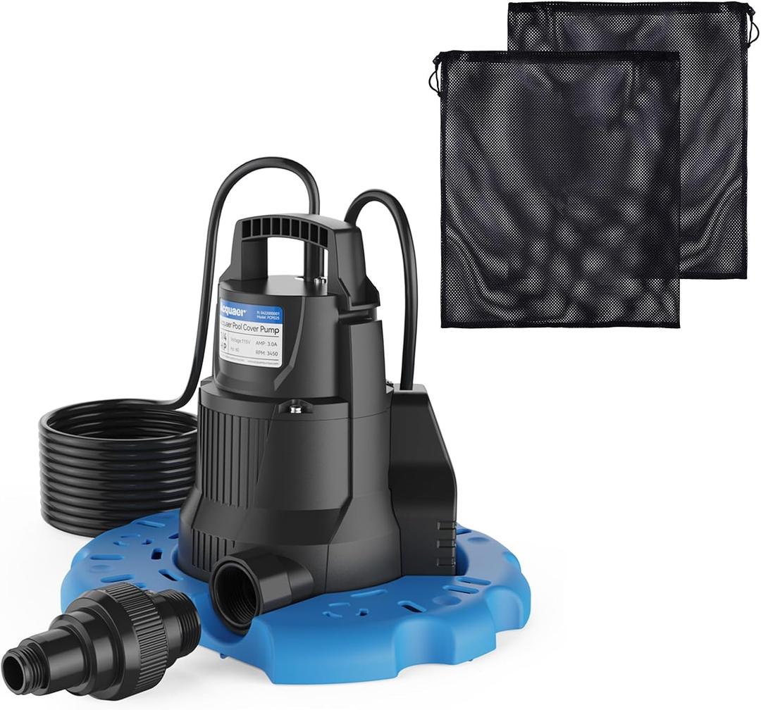 Acquaer 1/4 HP Automatic Swimming Pool Cover Pump with Pump Barrier Bag 2 Packs 19.7"x 17.7" Pond Pump Filter Bag with Drawstring, for Pool, Hot Tubs, Rooftops, Water Beds and more