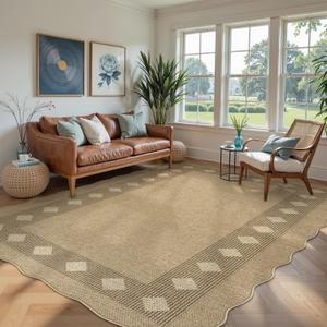 LIVEBOX Scalloped Easy Jute Diamond Outdoor Rug Living Room, Washable 8x10 Farmhouse Tan Rug for Bedroom, Geometric Checkered Indoor Outdoor Rugs Dining Room Mat Carpet Area Rug for Patio Home Office