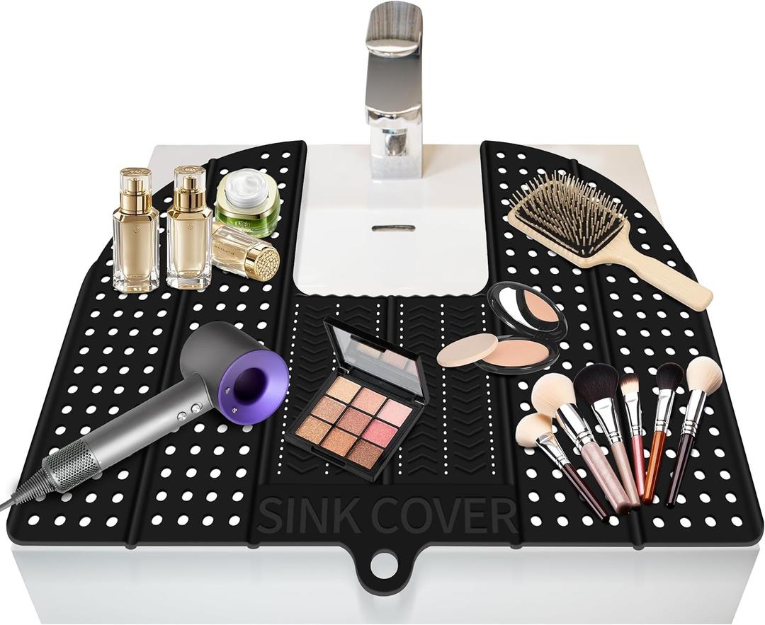 Bathroom Sink Cover for Counter Space, Silicone Foldable Sink Cover Convenient for Bathroom Makeup and Wash Up, Extra Bathroom Counter Space Mat for Organizer Hot Tools and Makeup Tools (Black)