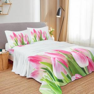 Tulip Full Sheets Set - 4 Pc Minimalism Botanical Aesthetic Bedding, Extra Soft Cooling Bed Sheets Wrinkle Fade Stain Resistant Fabric