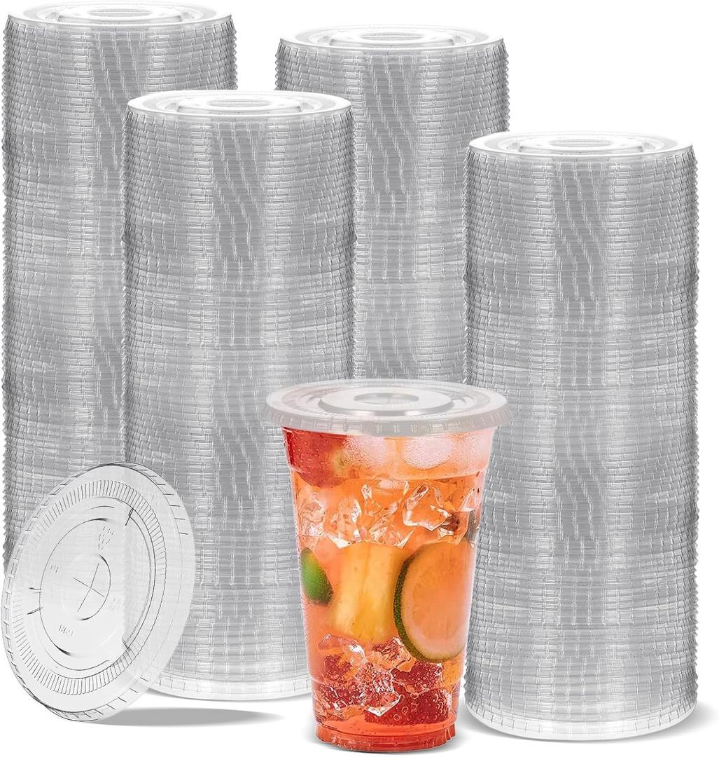 200pcs Clear Flat Lids Plastic Disposable PET Cup Lids with Straw Slot Fits 14, 16, 20, & 24 oz Cups for Iced Coffee, Milkshake, Ice Cream,Smoothy, Party Supplies