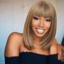 Short Bob Wig with Bangs 12 Inch Highlight Brown Mix Blonde Short Bob Wigs for Black Women Wear and Go Glueless Wig Straight Bob Wig Synthetic Wig for Daily Use