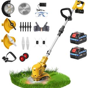 20000RPM Electric Weed Wacker with Wheel,Cordless Weed Eater, Battery Powered Weed Trimmer, 4 in1 String Trimmer,Brush Cutter/Grass Trimmer/Lawn Mower/Lawn Edger 3 Type Blades for Garden Yard