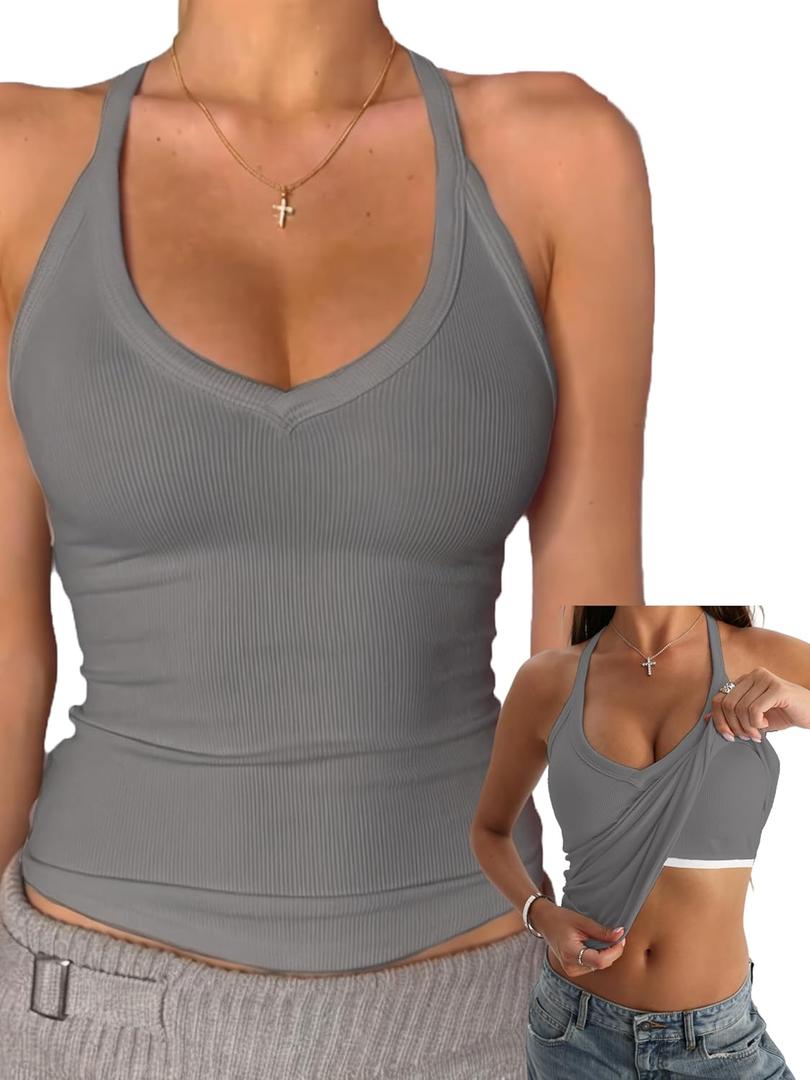 Danysu V Neck Cotton Tank Tops with Built-in Shelf Bra Sleeveless Racerback Fitted Basic Cami Shirts (Medium, Heather Grey)