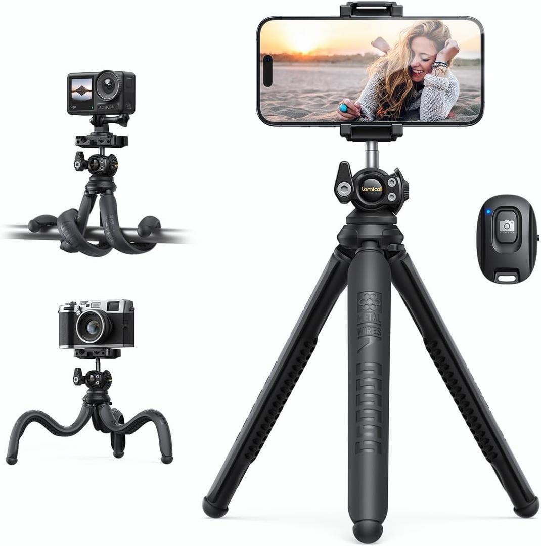 Lamicall Tripod for iPhone - [Ultra-Stable] Aluminium Phone Tripod with Wireless Remote, Mini Flexible Camera Stand Cold Shoe for Video Recording for Pocket 3 4 iPhone GoPro DSLR Camera Mothers Day (Black)