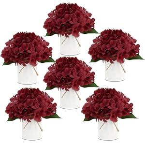 DIYDOFUN Flower Table Centerpieces - Set of 6 Floral Arrangement Artificial Wedding Hydrangeas Floral Arrangement with Rustic Metal Vase for Bridal Tea Party Event Decorations - Deep Red