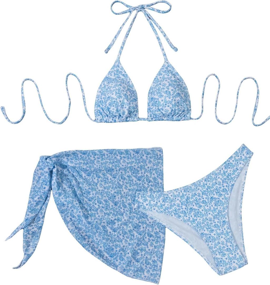 SHENHE Women's 3 Piece Textured High Cut Halter Triangle Bikini Swimsuit with Cover Up (Floral Light Blue) S