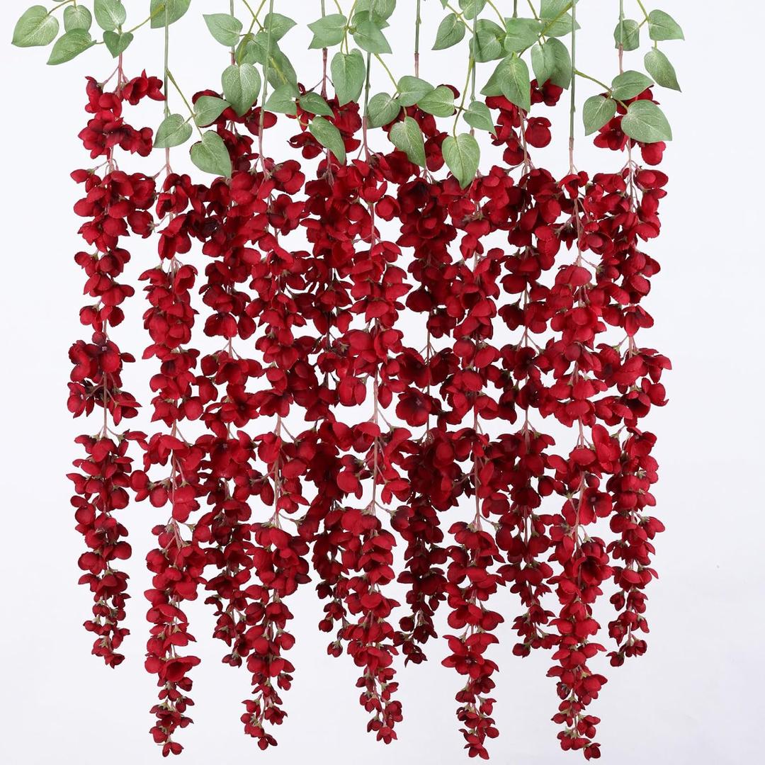 Mizii 6Pcs Burgundy Wisteria Hanging Flowers 48" Silk Wisteria Artificial Flowers Garland Vines Fake Hanging Flowers Decoration for Wedding Flower Wall Backdrop Centerpieces Room Decor (Burgundy)