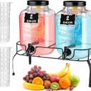 Lallisa 2 Pcs 2 Gallon Glass Drink Dispenser with Stand Ice Cylinder Hanging Chalkboard Signs 18/8 Stainless Steel Spigot Beverage Dispensers for Parties Mason Jar Drink Lemonade (Black Spigot)