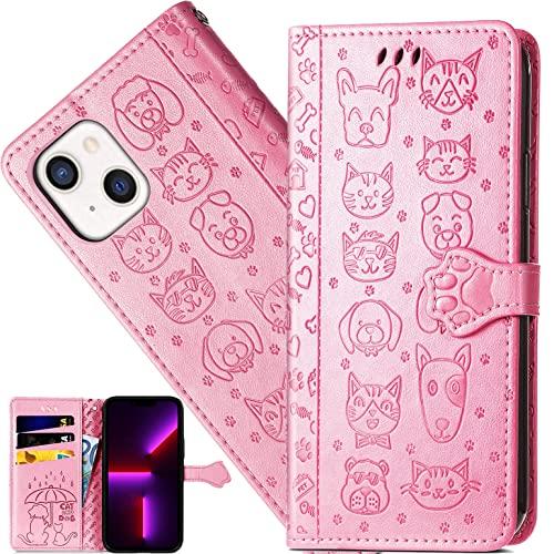 CCSmall for Apple iPhone 13 (6.1 Inch) Cartoon Cute Wallet Case,Cat Dog Style Flip Phone Cover with ID Card Holder PU Leather Cases for Apple iPhone 13 MG Pink
