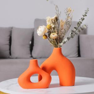 CEMABT Orange Ceramic Vase Set of 2 for Modern Minimalist Bohemian DecorRound Matte Donut Vases for Pampas Grass-Perfect for Living Room, Dining Table, Office Bedroom Shelf Decor Entryway, Console