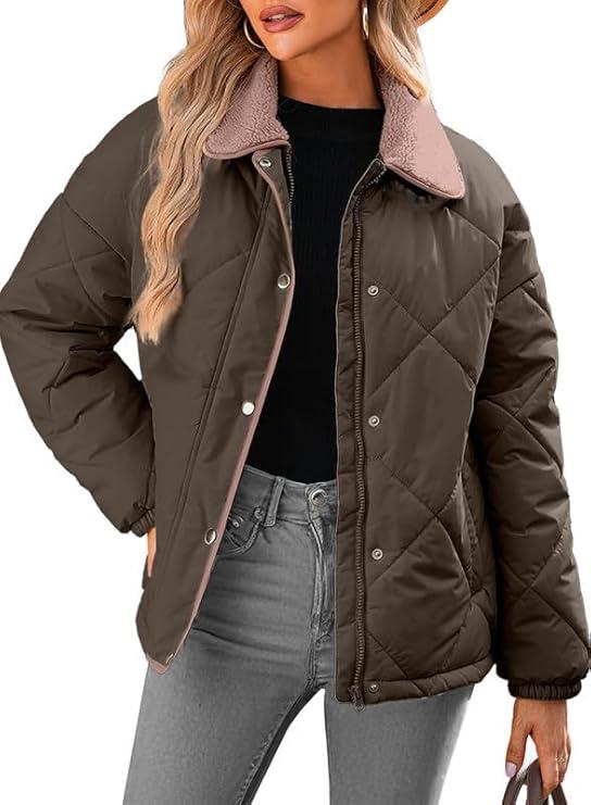 Dokotoo Women's Winter Casual Quilted Jackets Long Sleeve Button Down Puffer Jacket Padded Outerwear Coats XL Coffee
