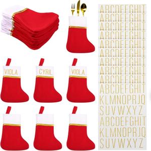 24 Pcs Mini Christmas Stockings Red with 10 Sheets Self Adhesive Vinyl Letters Stickers Kit Mailbox Stick Letters Small Holiday Christmas Stockings Bulk for Xmas (Red and White)