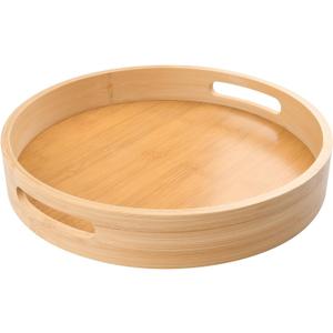 12 inch Round Serving Wooden Tray with Handles, Bamboo Decorative Ottoman Tray Serving for Serving Beverages & Food on Bar Living Room Home Dining Table.