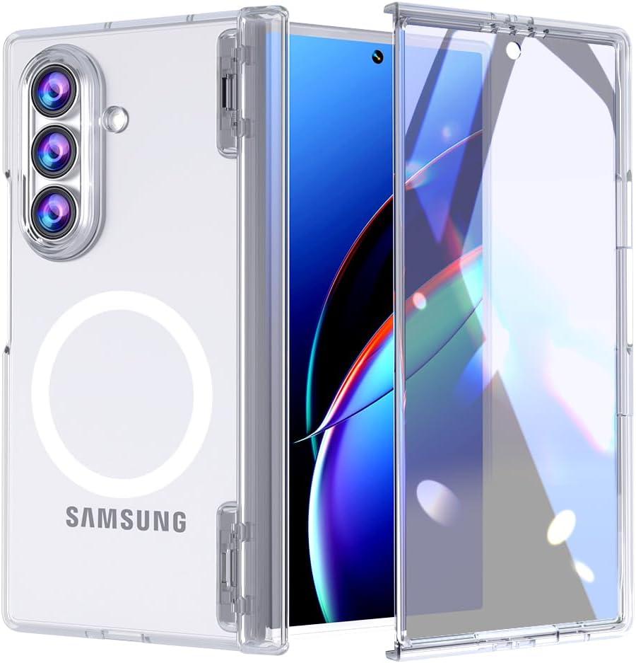 for Samsung Galaxy Z Fold 7 Case with Hinge Protection & Tempered Glass Screen Protector, Magnetic Shockproof Full Body Phone Case (Clear)