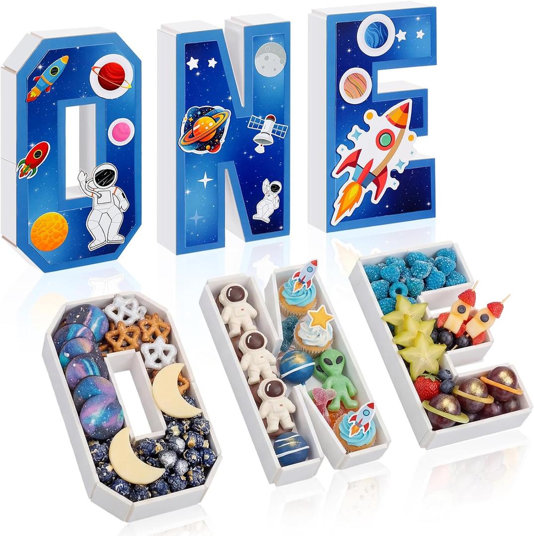 Yalikop 3 Pcs One Letter Fillable DIY Tray Food Box 10 Inch Charcuterie Board Letters Cardboard Serving Trays for Food 1st Birthday Anniversary Party Dessert Table Photo Props(Space Theme)
