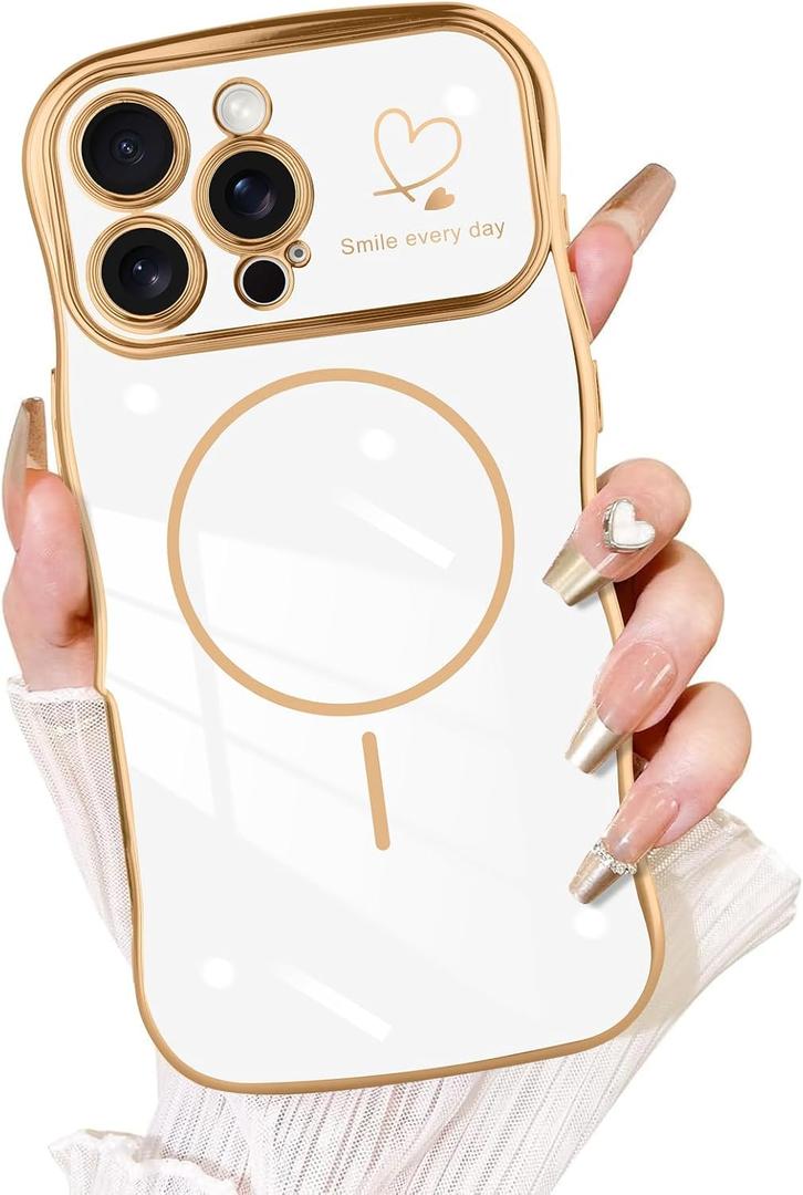 Fiyart Designed for iPhone 16 Pro Max Case, Cute Wave Frame Curly Shape Love Hearts Plating for Women Girls Camera Protection Compatible with MagSafe Magnetic Shockproof Bumper 6.9"-White